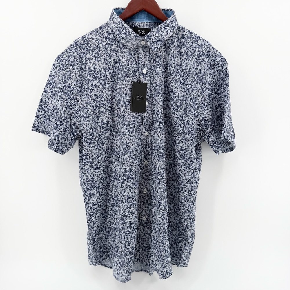 W.R.K. XXL Slim Fit Mens Performance Shirt Navy Blue White‎ Floral Stretch NWT
